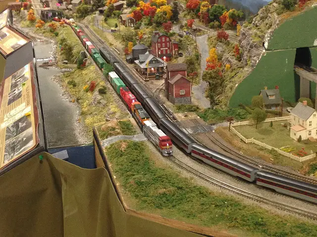 trains on model railroad benchwork